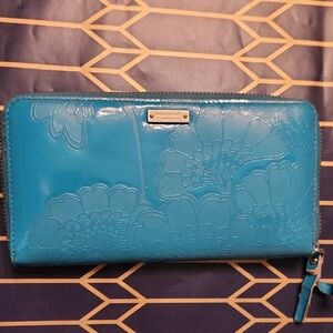 Kate Spade Turquoise Floral Embossed Wallet Large Money And Cards Organizer
